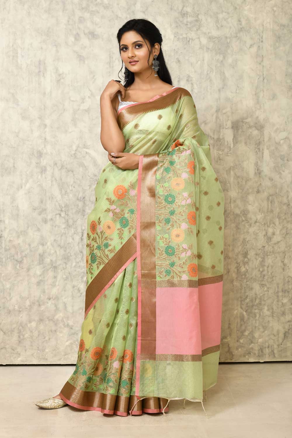 Pista Green Cotton Kota Check Banarasi Handloom Saree