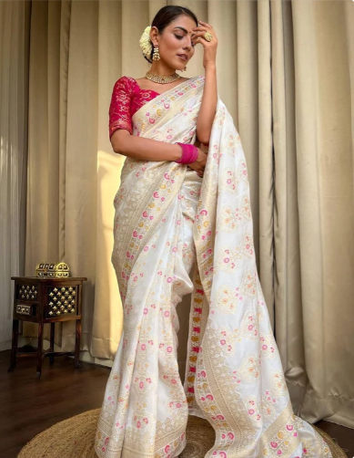 White Banarasi Soft Silk Saree With Zari Weaving Work