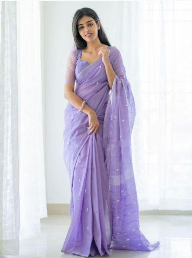 Lavender & Silver-Toned Woven Design Zari Saree