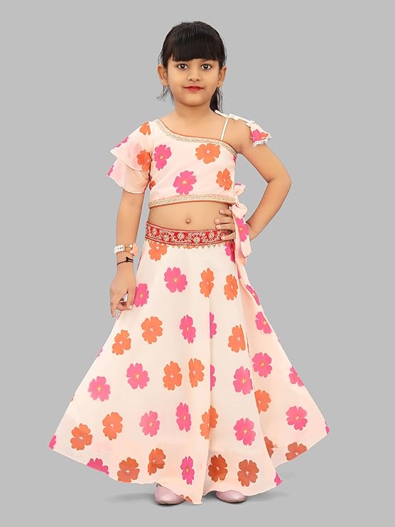 rawah Kids Girls Beautiful Georgette Silk Lehenga Choli | Embroidered Full Stitched Lehenga Set (Suitable For Girls 2 To 8 Years