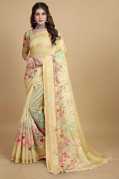 NK Textiles Women's Plain with Floral Print Panel & Zari Border Linen Cotton Saree with Blouse