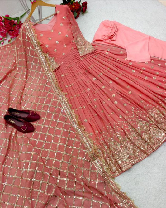 Gorgeous Peach Color Sequence Work Anarkali Suit