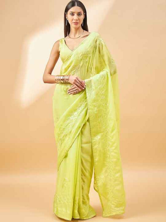 all about you Lime Green Embroidered Pure Chiffon Saree