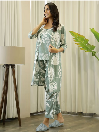 SAY Green Color Printed Women Pure Cotton Top & Pyjama with Jacket