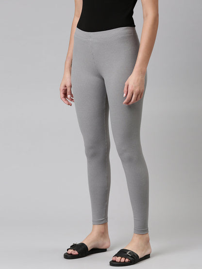 Women Solid Ebony Grey Ribbed Leggings