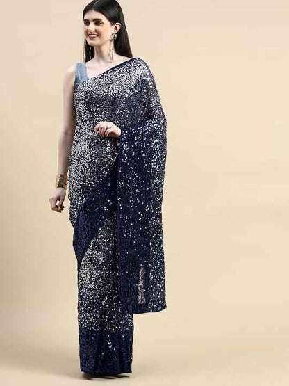 HERE&NOW Embellished Sequinned Pure Georgette Saree