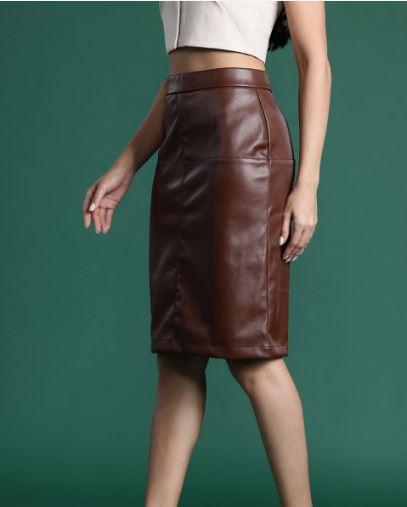 AIZA N AIZAL Faux Leather Women's Side Slit Skirt Sleek and Stylish Addition Skirts for Women's Tan Color with Side Zipper