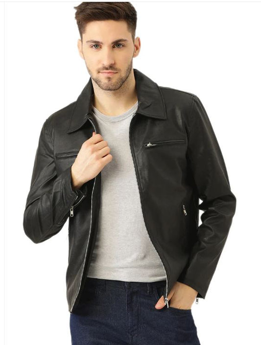 Leather Retail Men's Solid Biker Jacket