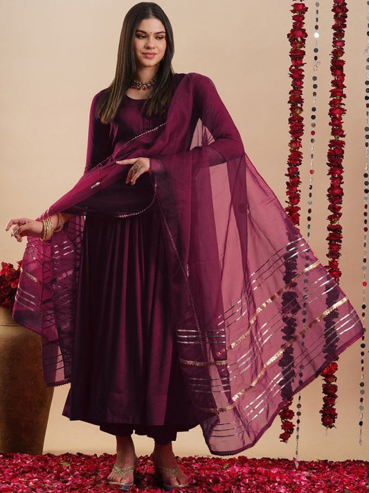 Round Neck Pleated Anarkali Kurta With Trousers & Dupatta