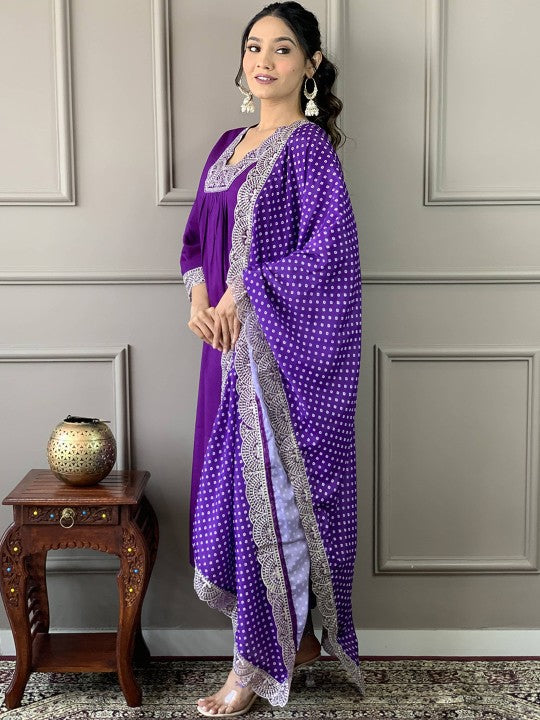 Floral Embroidered V-Neck Straight Kurta with Trousers & Dupatta