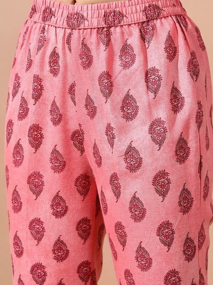 Pink Ethnic Motifs Printed Angrakha Kurta With Trousers & Dupatta