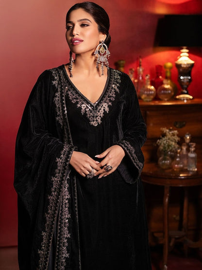 Embroidered Yoke Design Thread Work Straight Velvet Kurta With Trousers & Dupatta