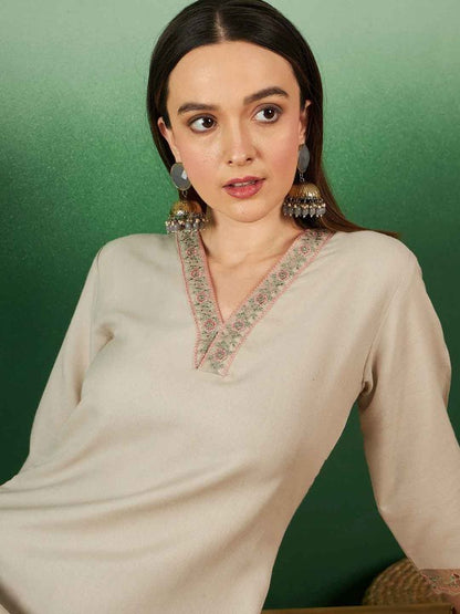 Embroidered V-Neck Straight Cotton Kurta