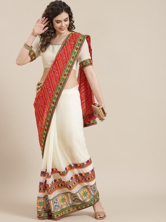 White and red color pure hand bandhej silk saree with zari weaving work