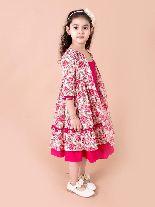 Magenta & White Floral A-Line Cotton Dress with Attached Shrug