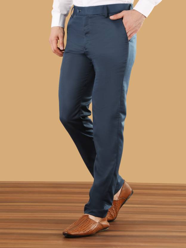 Men Slim Fit Blue Cotton Blend Trousers