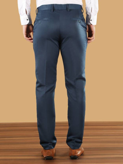 Men Slim Fit Blue Cotton Blend Trousers