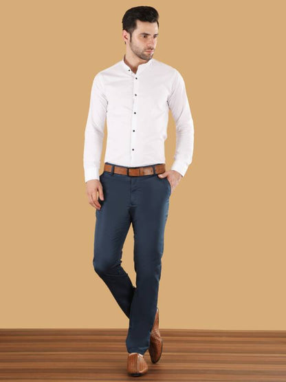 Men Slim Fit Blue Cotton Blend Trousers