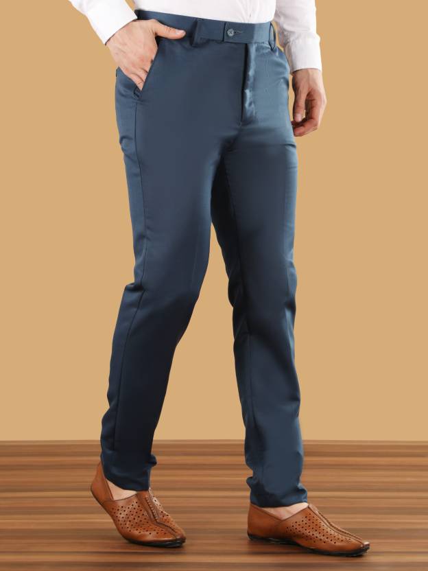 Men Slim Fit Blue Cotton Blend Trousers