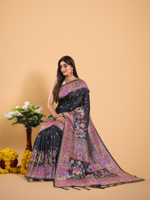 Black color soft banarasi silk saree with zari weaving work