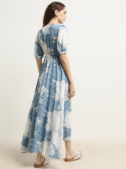 Bombay Paisley Blue Floral Print A-Line Dress