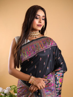 Black color soft banarasi silk saree with zari weaving work