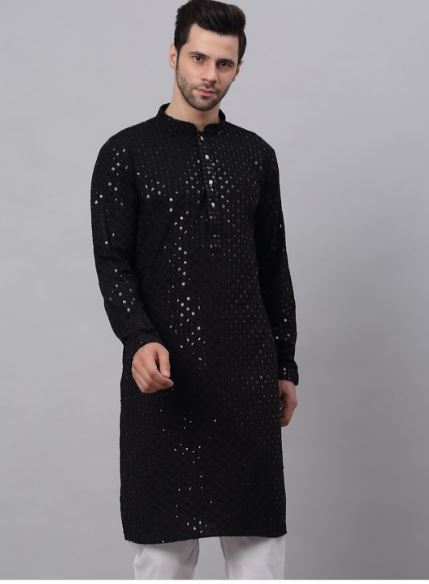 Men Black Cotton Printed Traditional Kurta Only