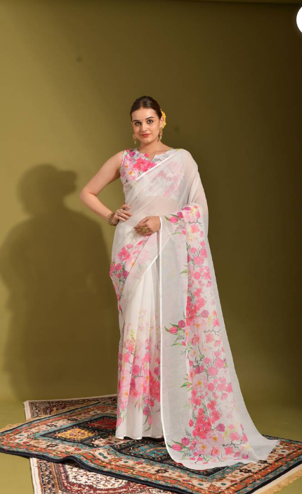 WHITE COLOUR PREMIUM PRINTED LINEN SAREE