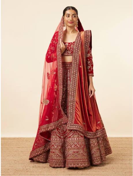 Embroidered Velvet Semi-Stitched Lehenga & Unstitched Blouse With Dupatta & Belt