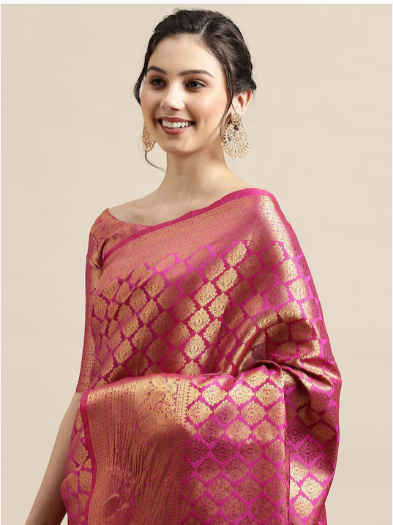 Pink & Gold-Toned Woven Design Zari Silk Blend Banarasi Sarees