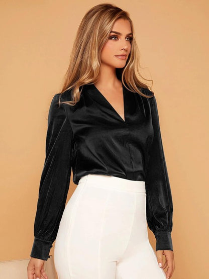 Black V-Neck Cuffed Sleeve Satin Top