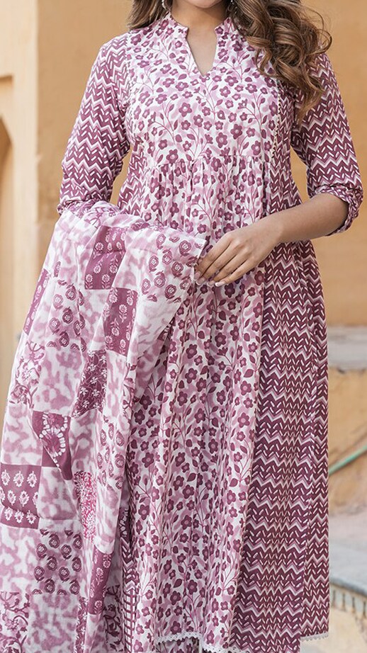 Ethnic Motifs Printed Empire Thread Work Pure Cotton Kurta with Trousers & Dupatta