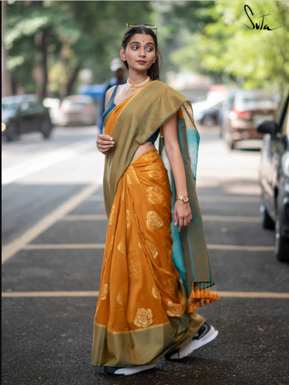 Floral Zari Festive Saree In Yellow & Teal|His Phool|Suta