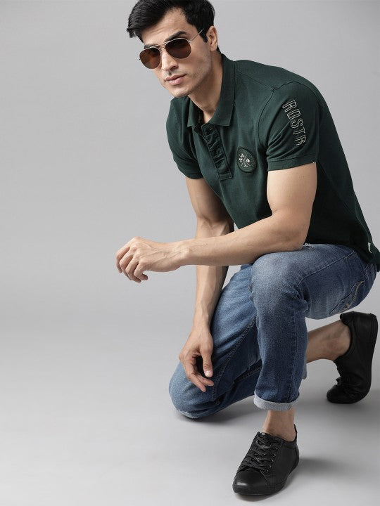 Men Green Solid Polo Collar T-shirt