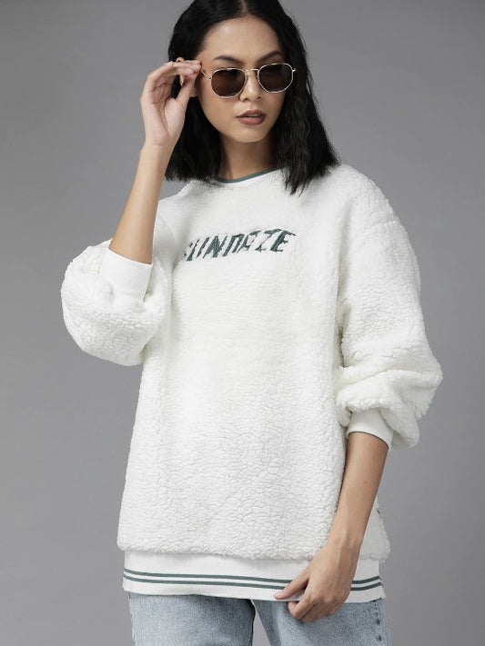 Women White Embroidered Sherpa Sweatshirt