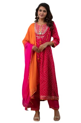 Women's Rayon Printed Anarkali Embroidery Kurta with Palazzos & Dupatta set