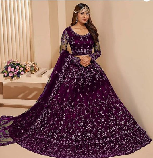 RUKHA FAB Embroidered Semi Stitched Women's Net Chain Stitch Lehenga Choli And Dupatta Set