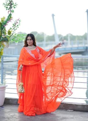 Beautiful Orange Color Ruffle Flair Anarkali Gown