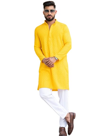 CRYSTAL REVENUE Men's Floral Embroidered Cotton Rich Traditional and Lakhnavi Ethnic Wear Straight Kurta Set