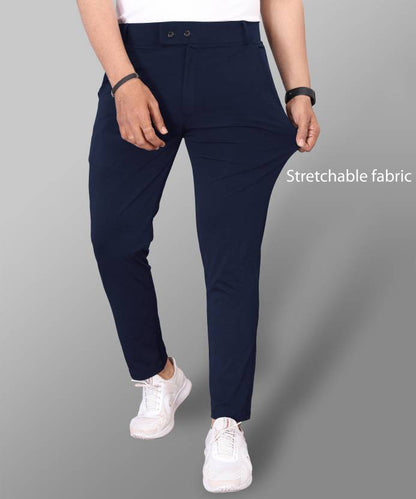 Men Slim Fit Blue Lycra Blend Trousers