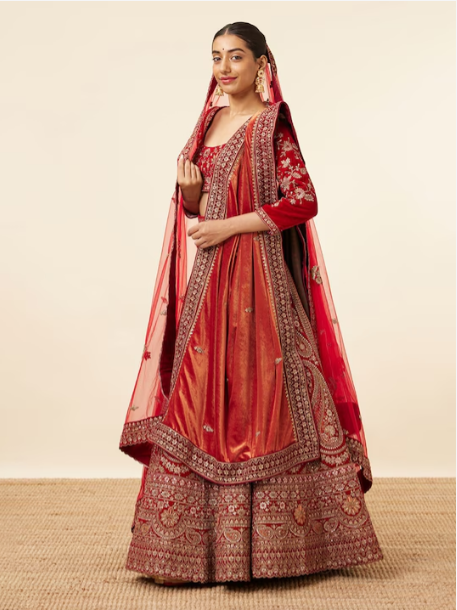 Embroidered Velvet Semi-Stitched Lehenga & Unstitched Blouse With Dupatta & Belt