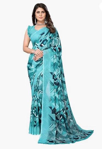 Yashika Women's Trendy Printed Georgette Blue Color Saree with Blouse Material