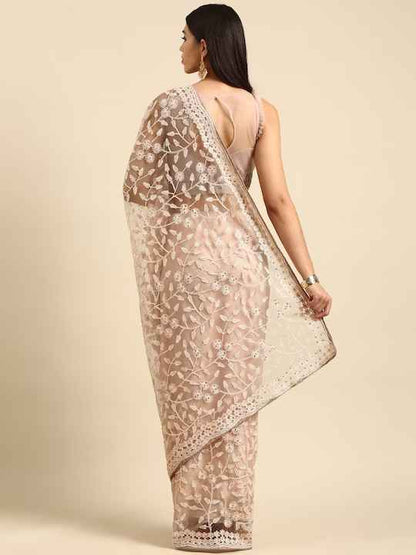 all about you Peach-Coloured Net Embroidered Saree by Myntra