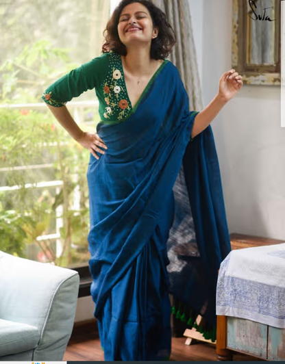 Suta Blue Solid Cotton Viscose Saree With Tassled Pallu and Without Blouse