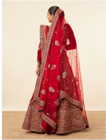 Embroidered Velvet Semi-Stitched Lehenga & Unstitched Blouse With Dupatta & Belt