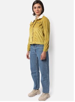 Women's Mustard Corduroy Regular Fit Utility Jacket For Winter Wear