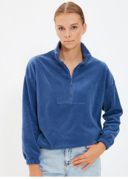 Women Full Zip Placket Solid Sweatshirt