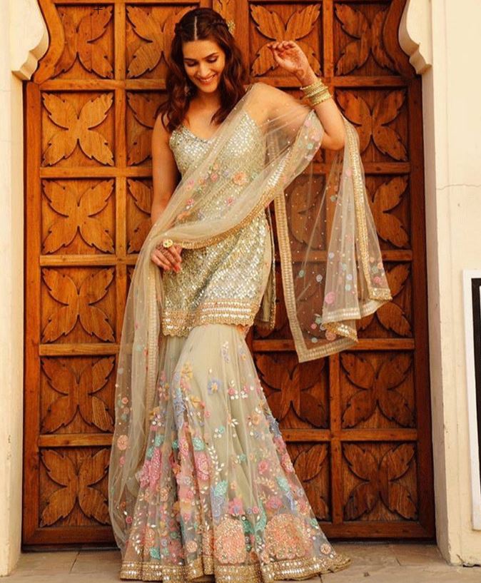 Bollywood Kriti Sanon Style Off-White Beautiful Sharara Suit