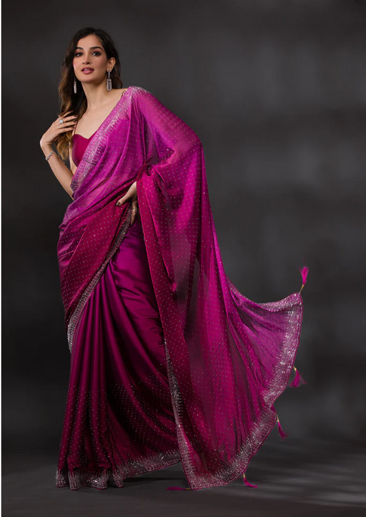 Ombre Wine Stonework Satin Designer Saree