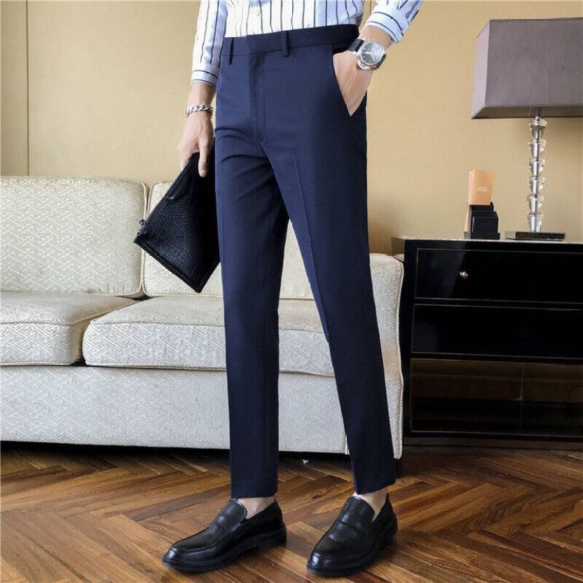 Men Slim Fit Blue Cotton Blend Trousers